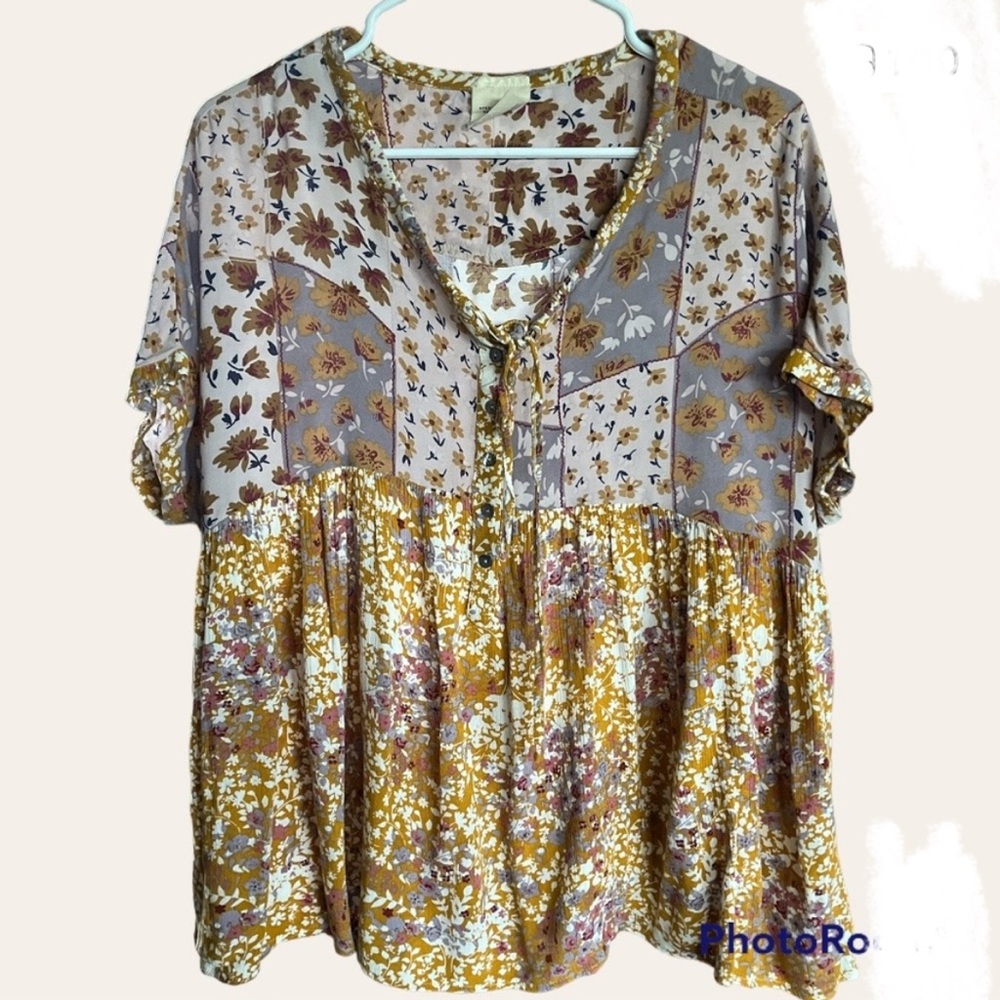 Artistic Works by Lu Boho Patchwork Floral Peasant Baby Doll Top Women Small